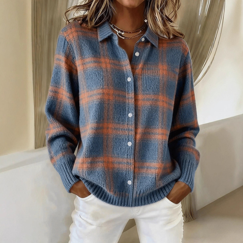 2025 New Cross-Border Women's Shirt Lapel Cardigan Top Pure Color Knitted European and American Christmas Autumn and Winter