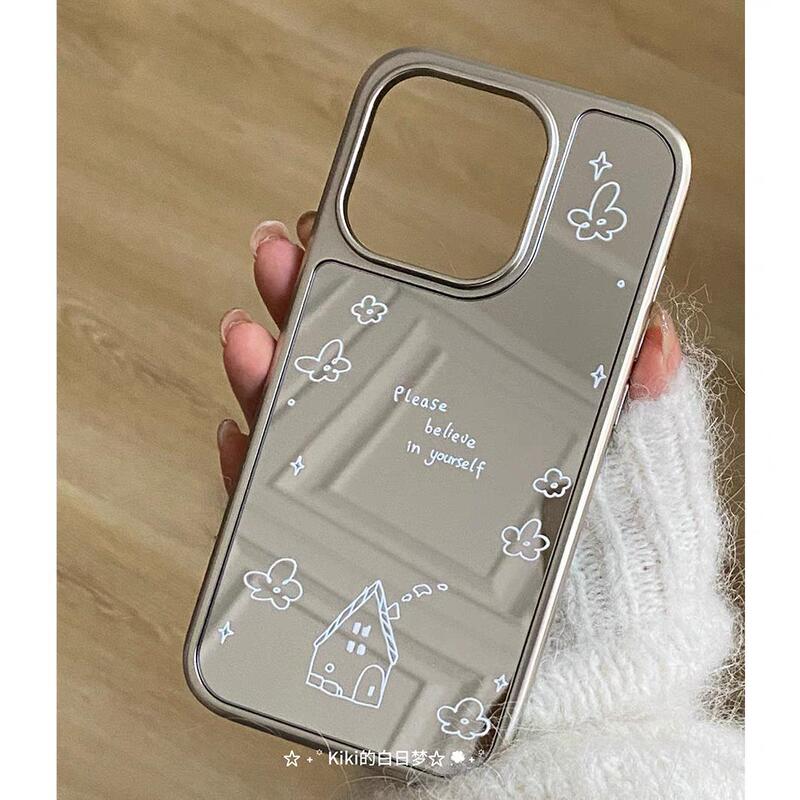Ins Original Illustration Apple 17Air Mobile Phone Case Iphone16 Niche Design Small House Electroplated Silver Edge Mirror