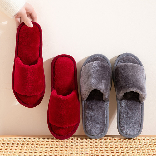Amazon Cross-border Autumn and Winter Home Warm One-Word Opening Furry Slippers Korean Style Women's Indoor Home Slippers
