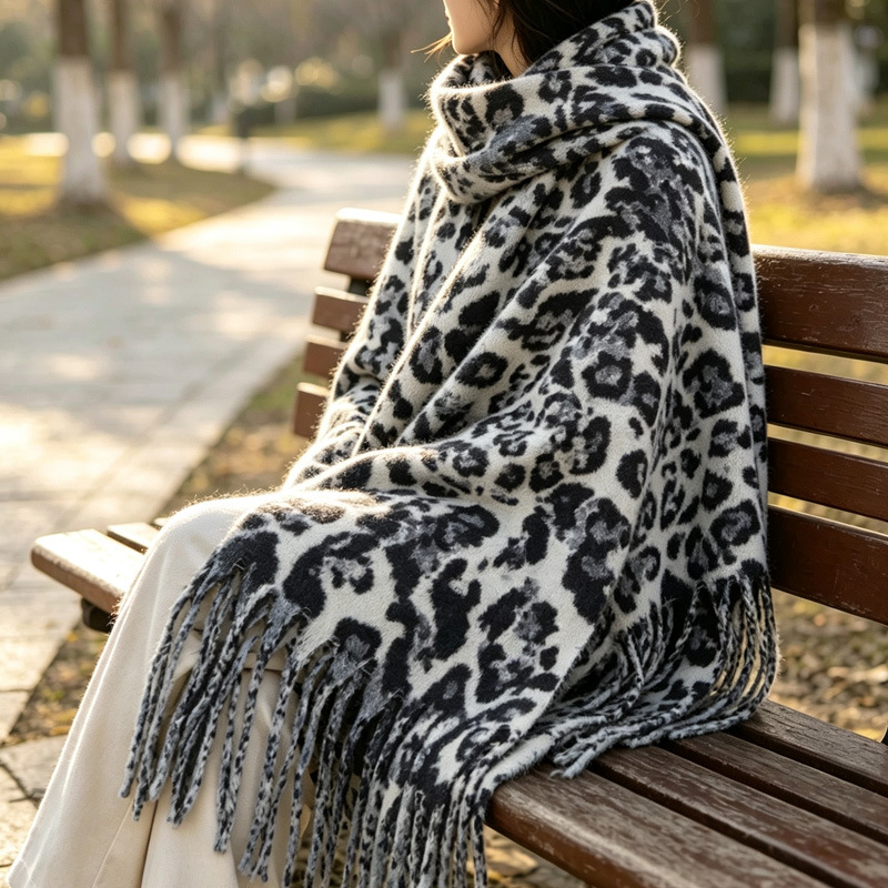 Bufanda Chal de Leopardo para Mujer de Imitación de Cachemira Térmico con Borlas para Interior y Exterior image 4