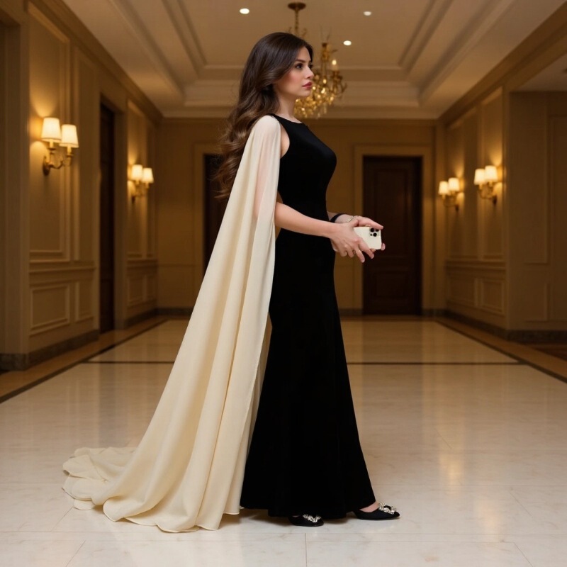 Lh16 Black Slim Long-Sleeved Shawl Floor-Length Dress, Elegant, Slim and High-End New Dress
