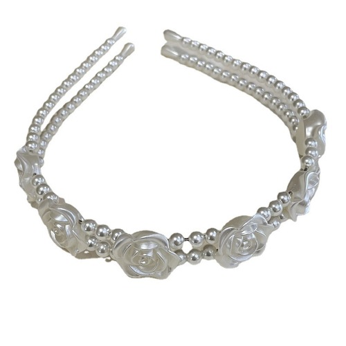 Sweet first love retro rose pearl headband niche Korean double-layer outing flower headband French women's headwear
