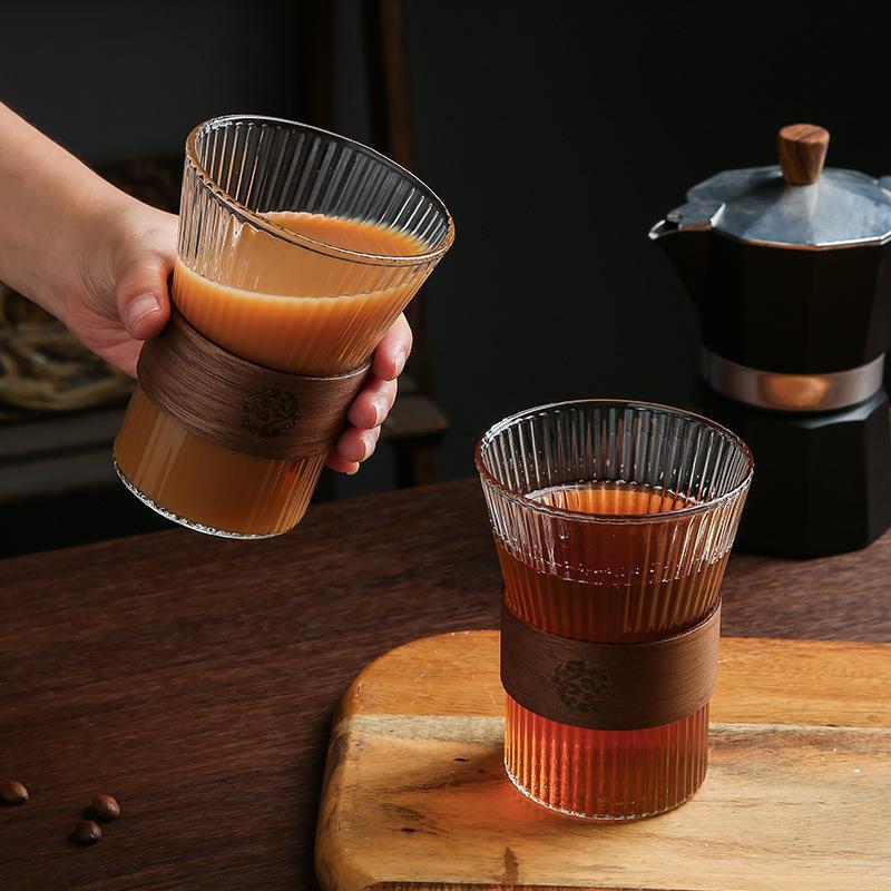 Japanese-style vertical grain heat-resistant glass cup bubble cup hand-punched ear-hanging coffee cup high-value rib-textured heat-insulated cup