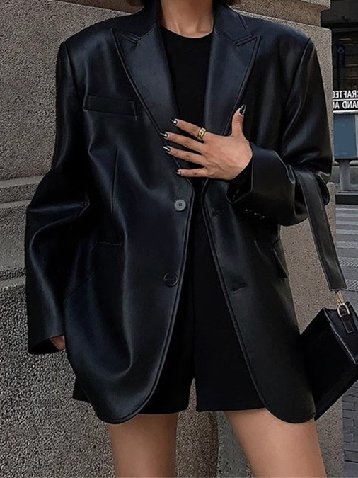 复古PU皮黑色西装皮衣女2025秋季新款时尚感气质炸街宽松休闲西服|undefined