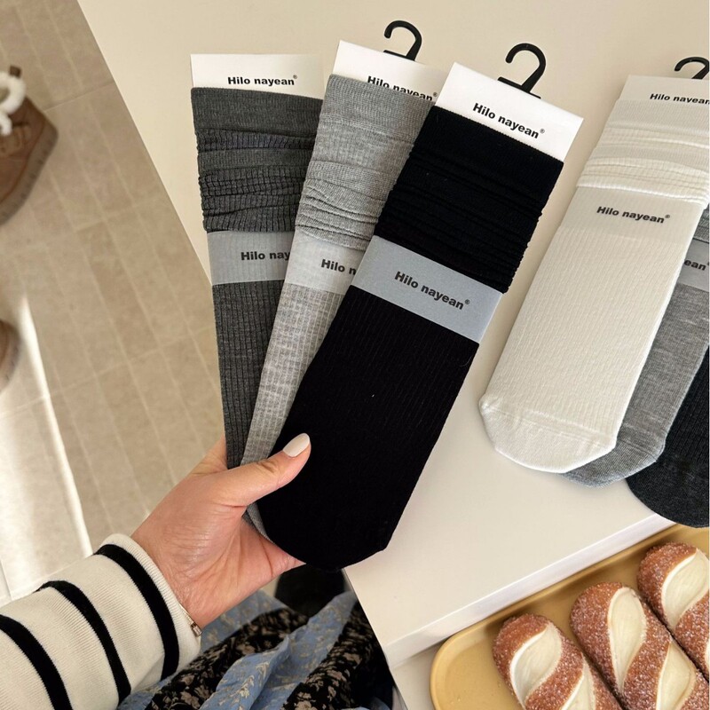 Hilo nayean double layer miu gray socks spring and summer new thin women's ins solid color piled socks for women
