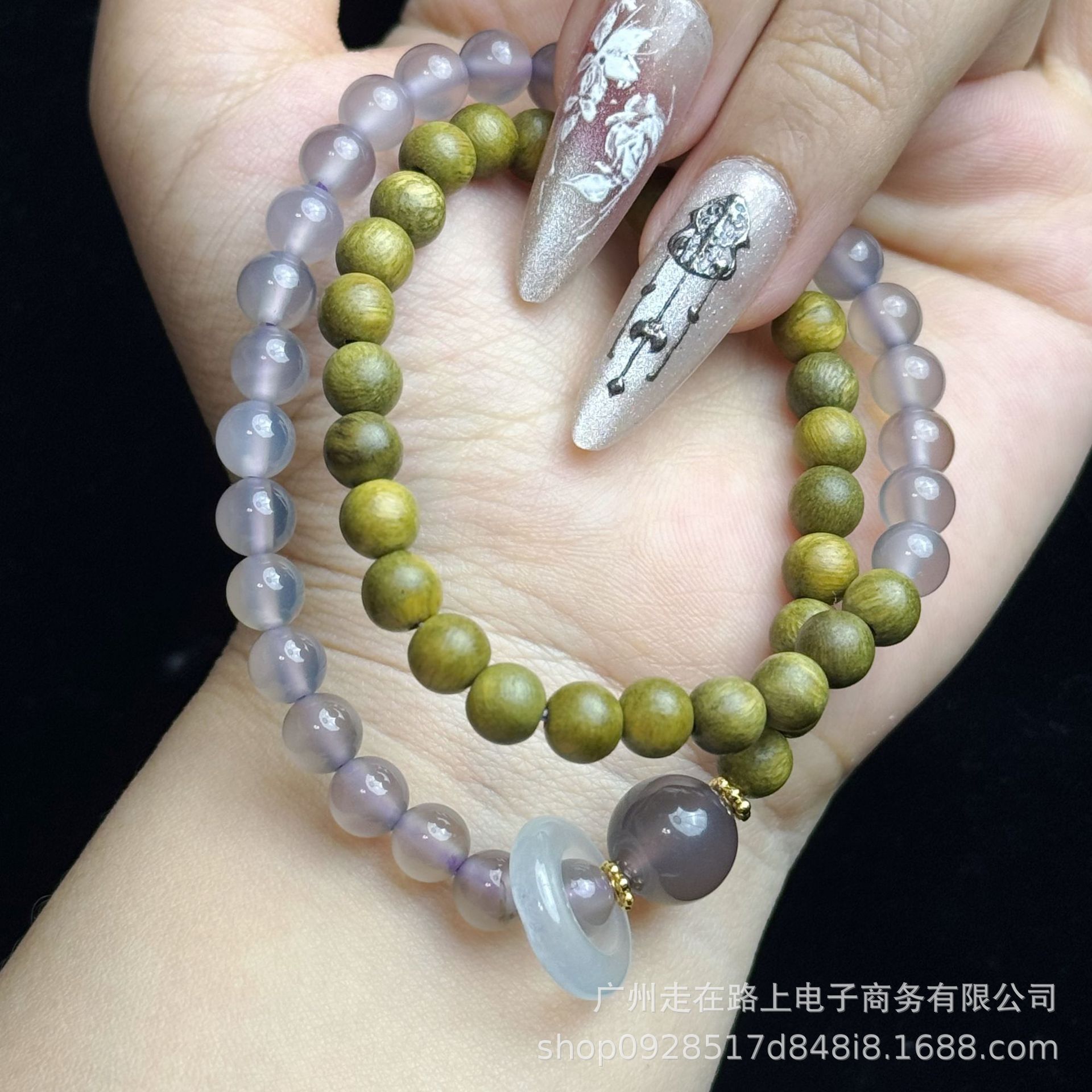 그린 샌달우드 그레이 마노 더블 서클 칼세도니 런닝 링 (6mm)