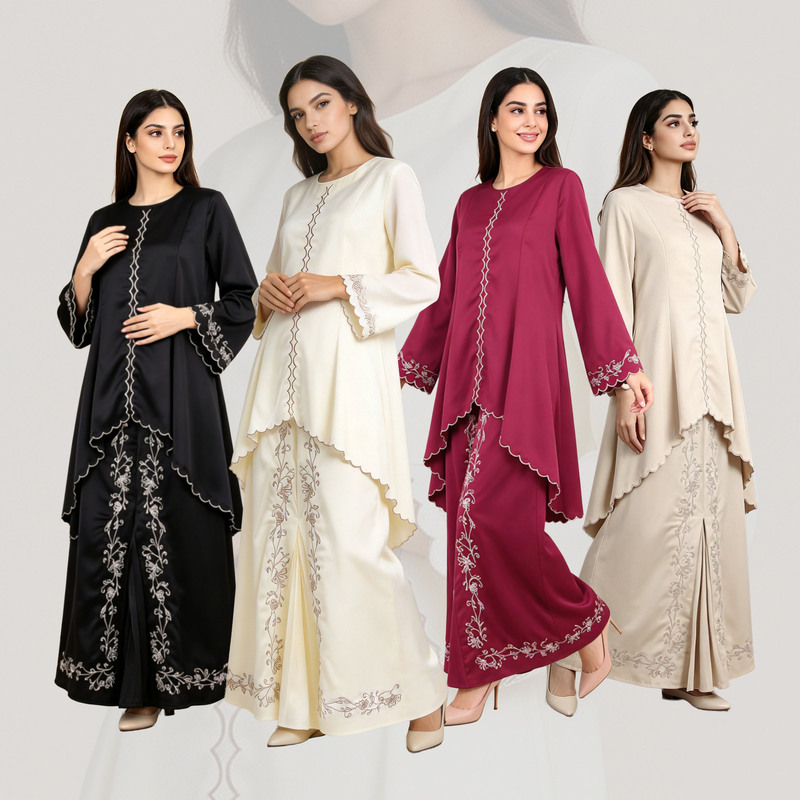 Fk87-Bk004-A Satin Embroidered Wavy Edge Two-Piece Loose Long-Sleeved Top and Skirt Set Fk87-Bk004-A Satin Embroidered Wavy Edge Two-Piece Loose Long-Sleeved Top and Skirt Set