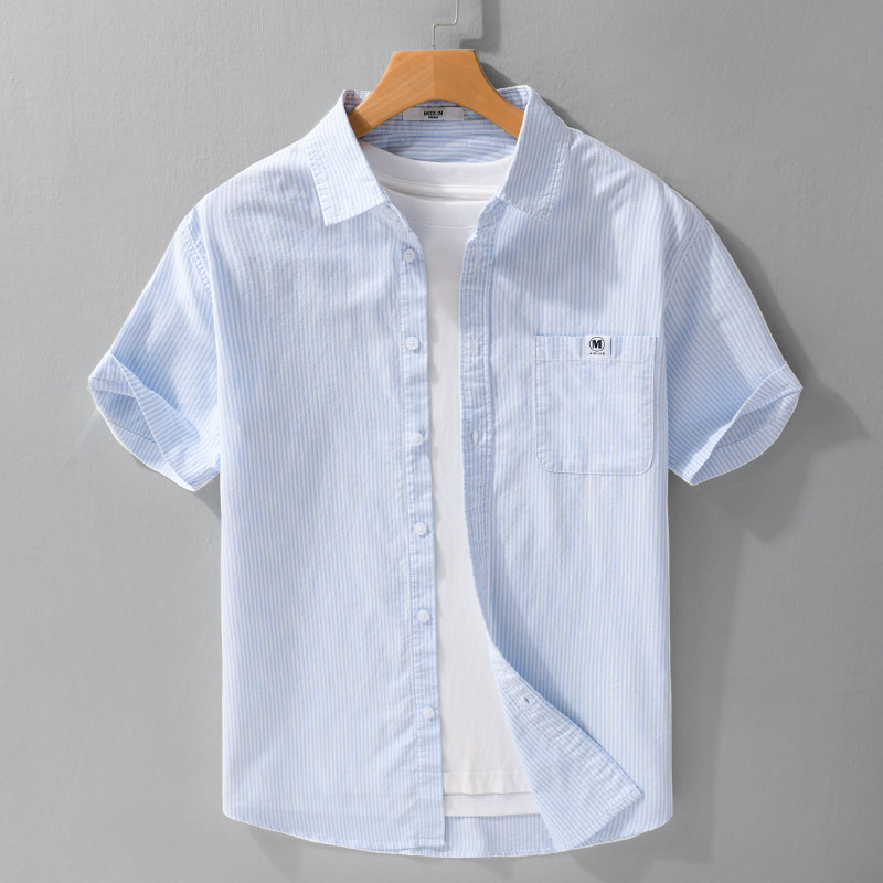 Summer Men's Short-Sleeved Shirt Oxford Pinstripes Trendyy Casual Loose Versatile Fresh Men's Cool Shirt 738