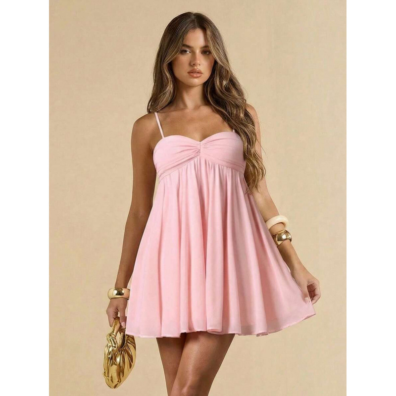 Cross-border Amazon European and American summer new sweet, youthful, cute, elegant, ruched, loose-fitting, short strap dress