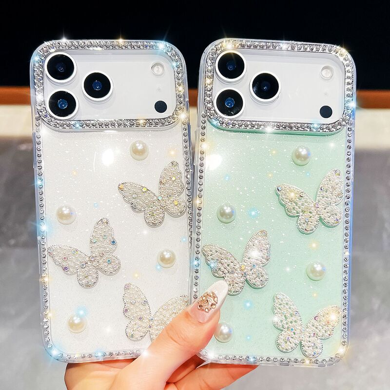 闪粉珍珠蝴蝶适用iPhone17Air苹果16E手机壳15promax奢华闪钻跨境|undefined