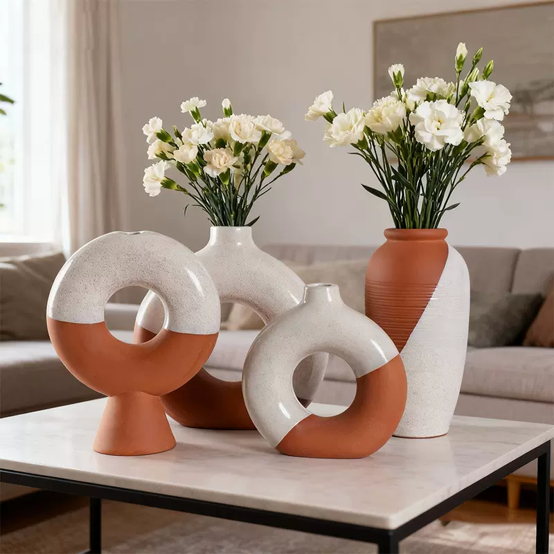 红土工厂陶瓷花瓶红土圆形高级感桌面装饰摆件外贸跨境亚马逊