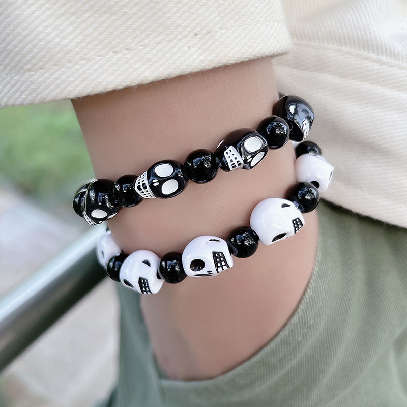 Braccialetto elastico con teschio rosso con perline, punk, hip hop, retro, accessori scuri per Halloween_voghion.com