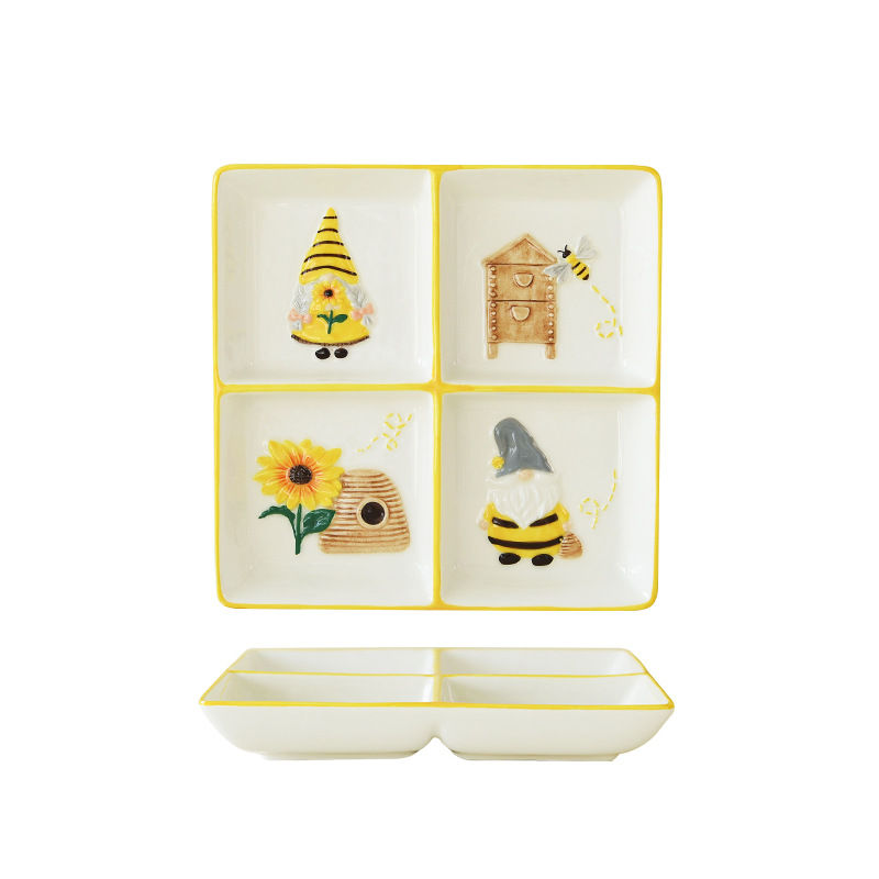Primavera abejas girasol elf cerámica en relieve plato de cuatro paneles de platos encantadores platos