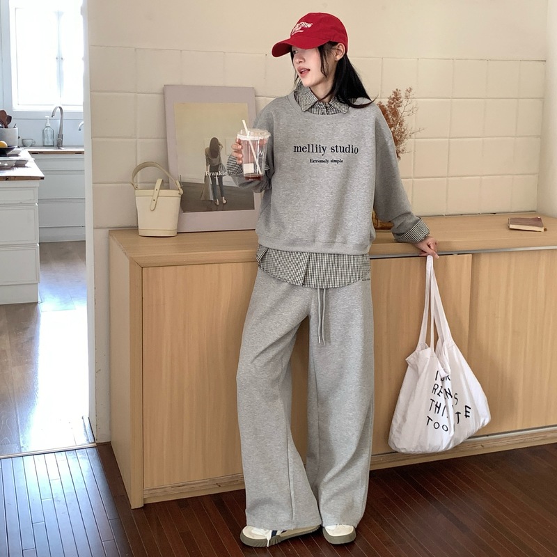 2025新款套装女装秋宽松美式卫衣翻领假两件直筒休闲裤显瘦两件套|undefined
