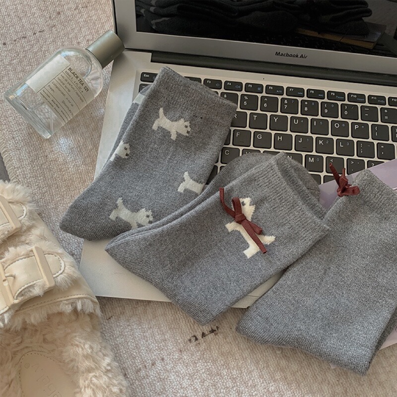 Clumsy Red Tie Knot Autumn and Winter Warm and Comfortable Korean Style Puppy Bow Wool Mid-Calf Socks for Women