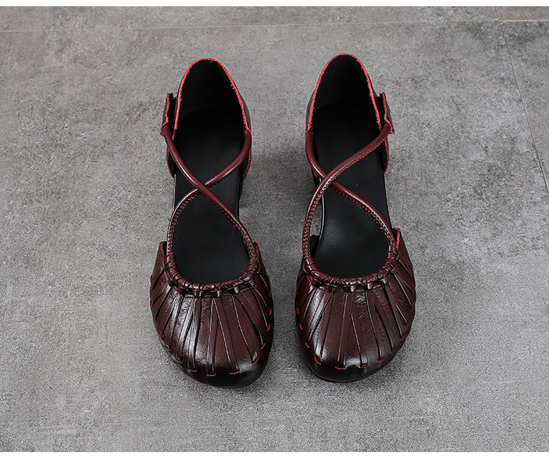 Sandal nữ da bò cao gót vuông mũi kín kiểu La Mã đan thủng — màu đen chi tiết 14