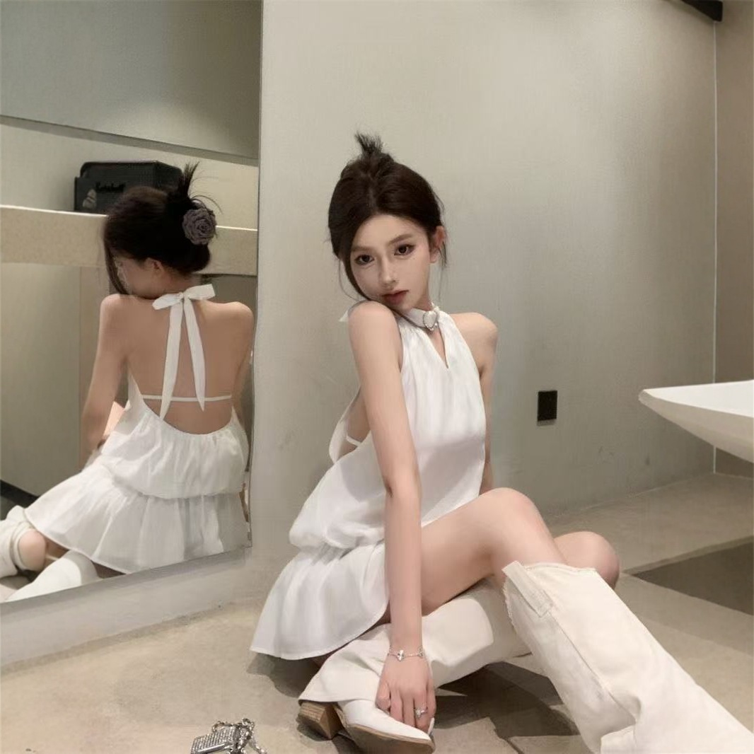 2025 New Summer White Backless Halterneck Dress for Women Pure Lust Style High Waist Short Skirt Design Sexy Skirt