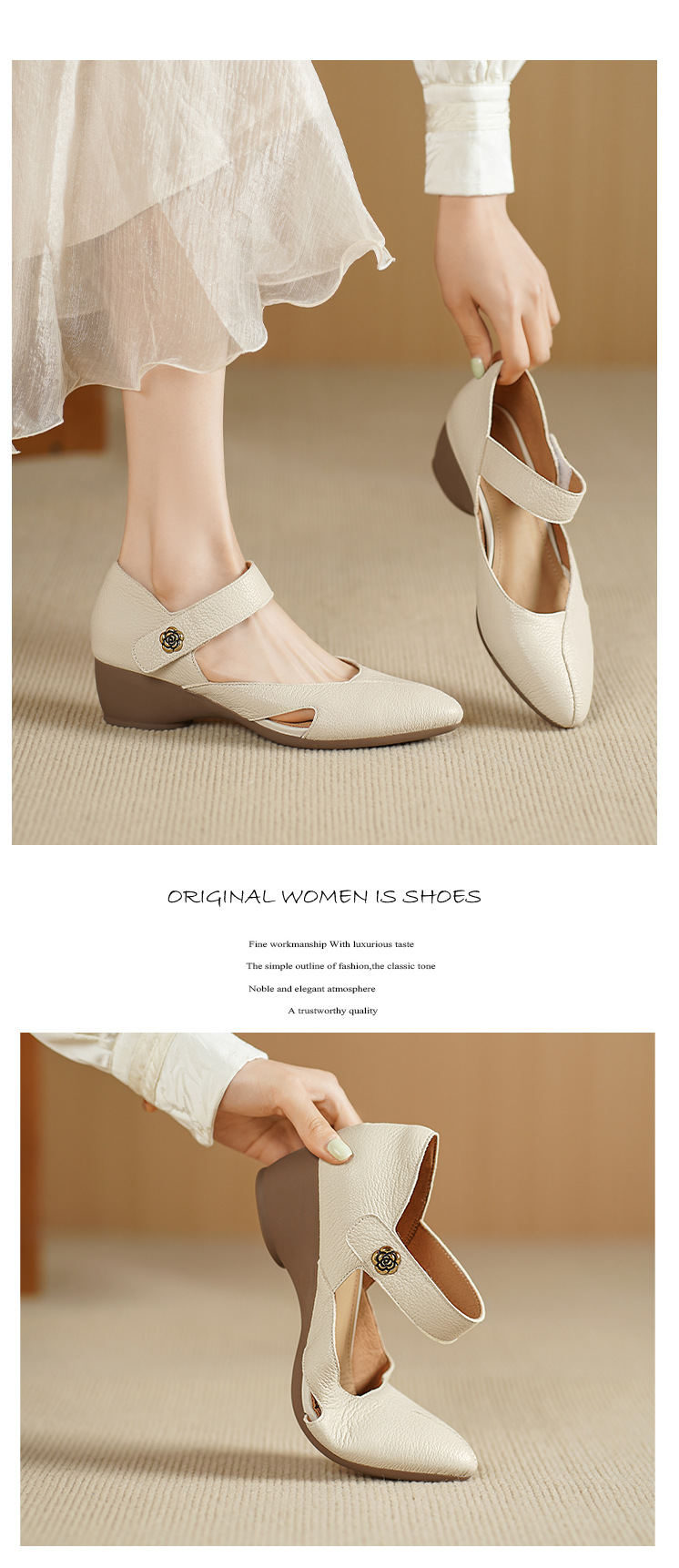 Sandal nữ đế xuồng mũi nhọn da cừu, gót 7 cm, phong cách retro — Màu trắng nhạt chi tiết 6