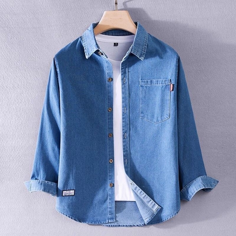 Long-sleeve denim shirt for men, spring and autumn, thin, loose, casual, solid color, workwear, washed, simple, versatile shirt jacket