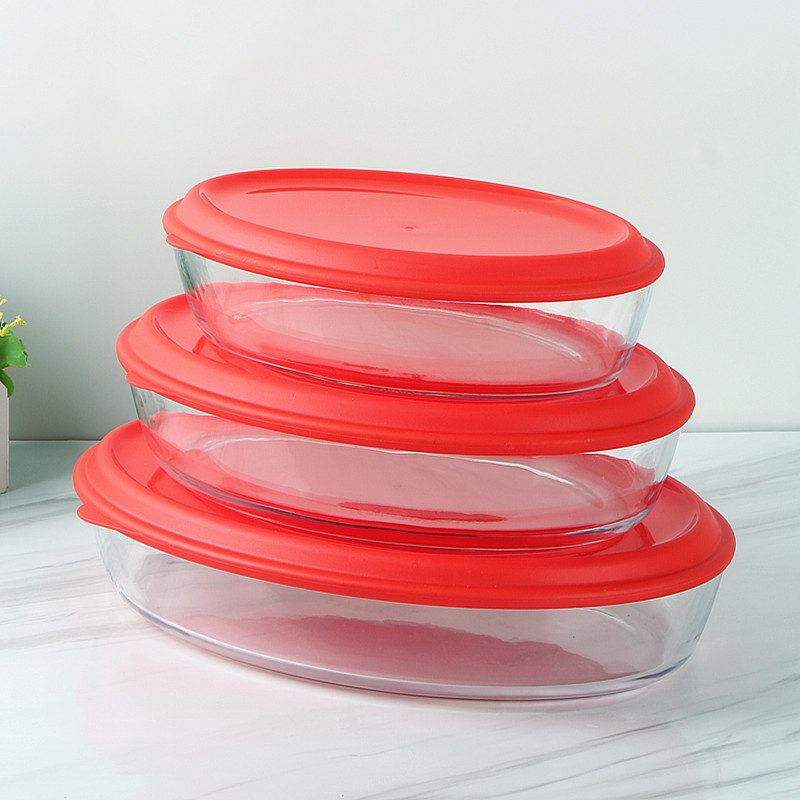 Oval glass baking tray three-piece set with lid household kitchen tableware large steamed fish plate grilled fish dish plate wholesale Oval glass baking tray three-piece set with lid household kitchen tableware large steamed fish plate grilled fish dish plate wholesale