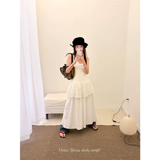 ovinsyang 韩系白色刺绣花边连衣裙女新款温柔气质背心长裙