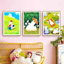 韩国ins插画可爱小鸭子北欧儿童房挂画卧室卡通装饰海报打印画芯