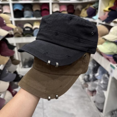 重工铁灰破洞棉布做旧显瘦马术帽子女秋冬百搭磨破小众平顶鸭舌帽