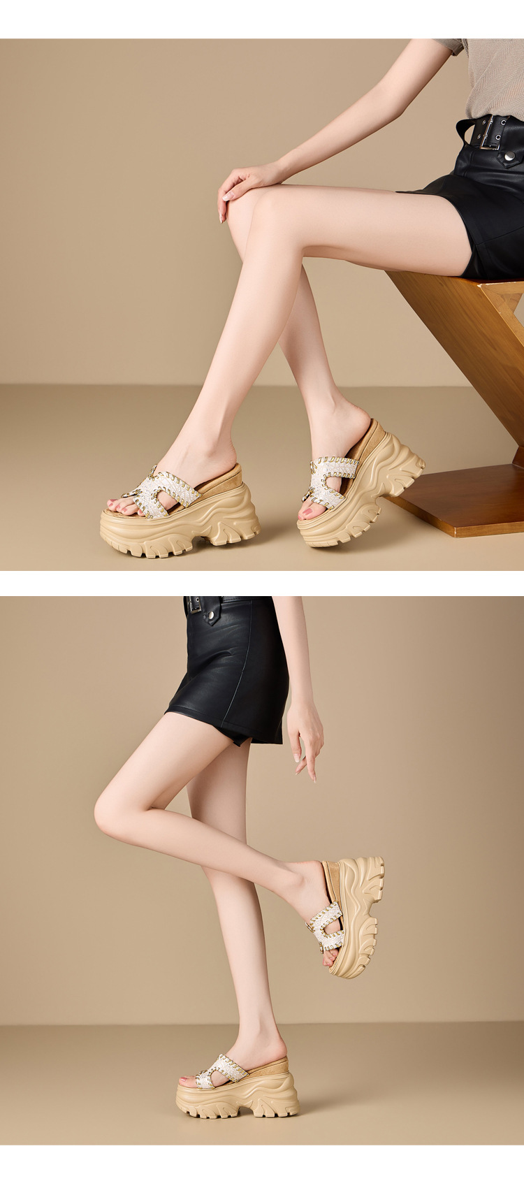 Dép sandal nữ đế dày 12 cm quai chữ H bện da — Trắng bạc chi tiết 3