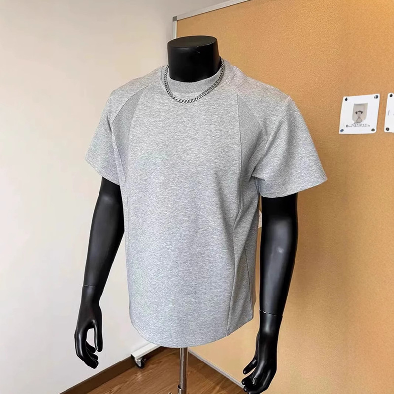 Binzi's Same Style Heavy Air Layer American Round Neck Short-Sleeved Men's Summer Casual Small Neckline Threaded Splicing T-Shirt
