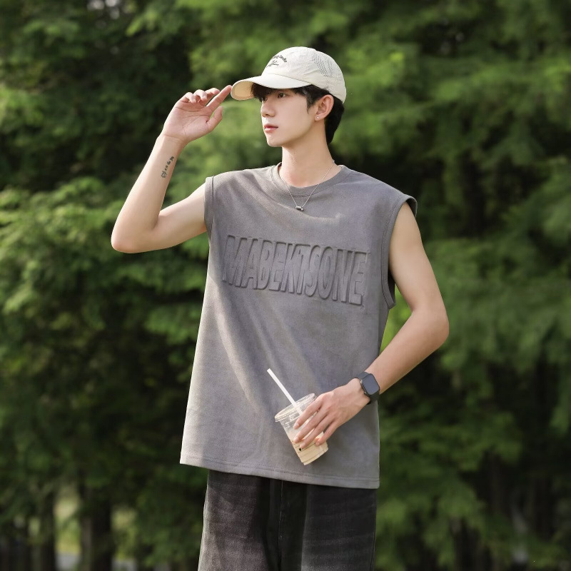 Personalized Hip-Hop Heavy Imitation Suede Printed Vest Sleeveless T-Shirt Boys Trendy Brand Handsome Street Loose Casual Trend