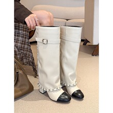 牛皮版小香风长筒靴女拼色粗跟圆头高筒骑士靴显瘦直筒靴子裤管靴