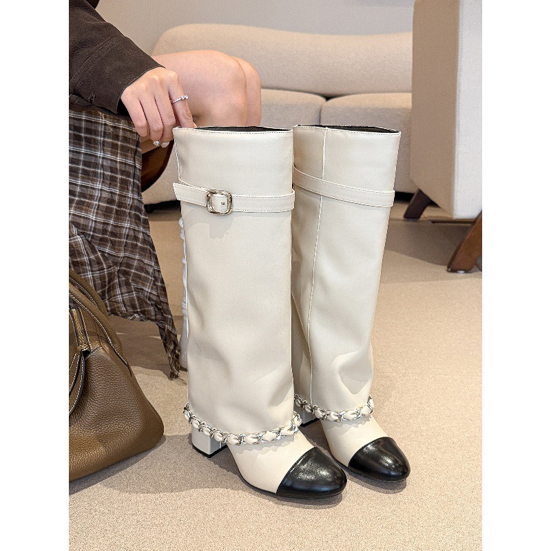 Cowhide Version of Small Fragrant Style Long Boots for Women, Color-Blocked Thick Heel, Round Toe, High Knight Boots, Slim Straight Boots, Trouser Boots