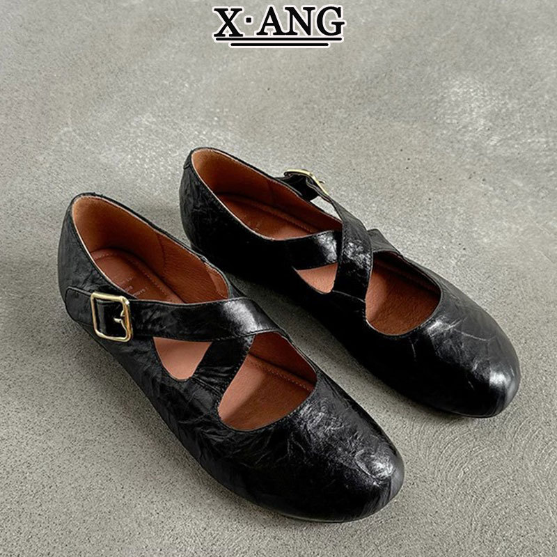 Sheepskin vintage style fashion ballet shoes, round toe, cross-strap, low-cut Mary Jane shoes for women Sheepskin vintage style fashion ballet shoes, round toe, cross-strap, low-cut Mary Jane shoes for women
