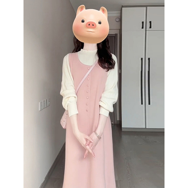 背心连衣裙子女早秋韩系穿搭粉色甜美春秋2025新款针织长裙两件套|undefined