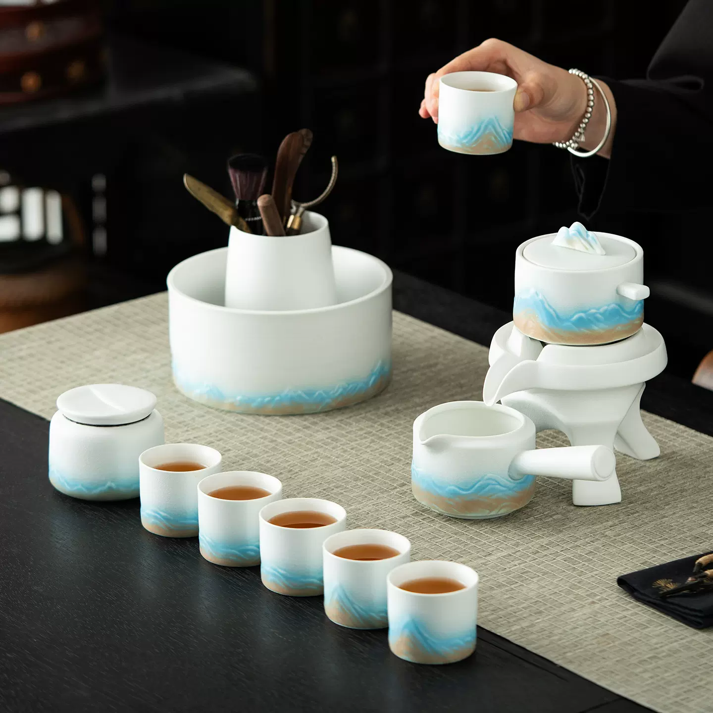 2025新款米黄远山自动功夫茶具套装家用轻奢高档懒人泡茶神器礼盒