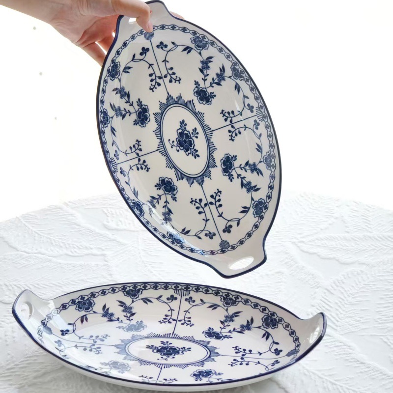 釉下彩陶瓷餐具日式青花瓷陶瓷盘家用炒菜盘深汤盘果盘双耳鱼盘子