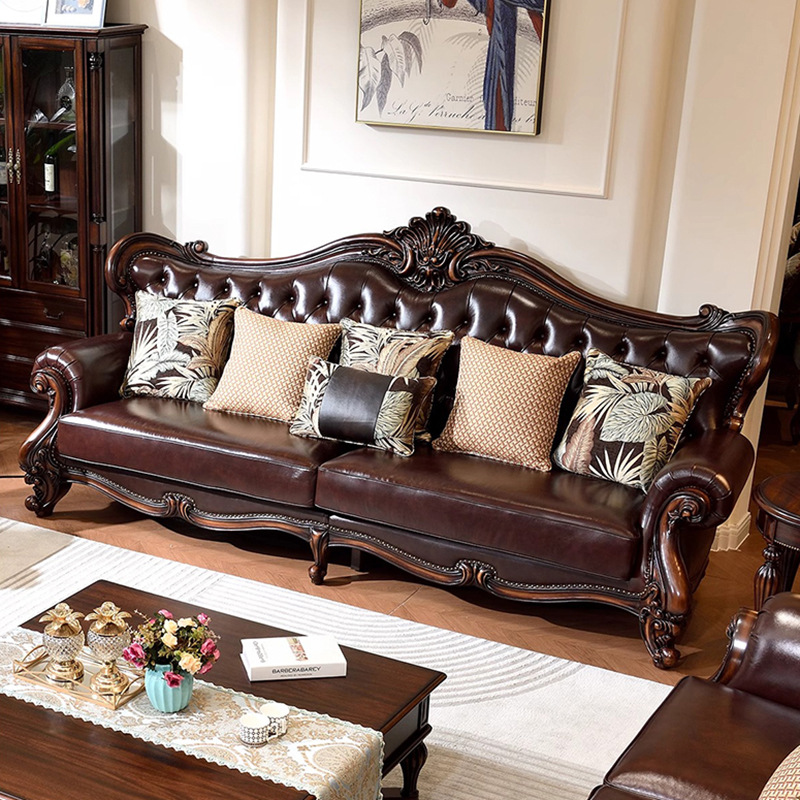 Black Walnut Sofa American Retro First-Layer Cowhide Multi-Seat Sofa Home Living Room All Solid Wood Straight Sofa