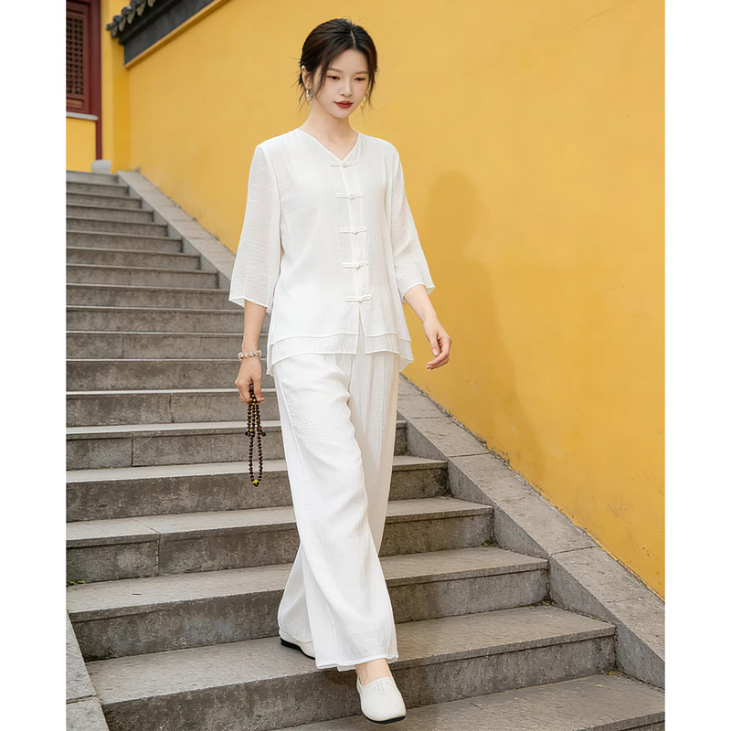 Zen-Inspired Ethereal Healing Zen Clothing, White Plain Attire for Laywomen, Summer Thin Style, Chinese National Style Buddhist Women's Clothing Zen-Inspired Ethereal Healing Zen Clothing, White Plain Attire for Laywomen, Summer Thin Style, Chinese National Style Buddhist Women's Clothing