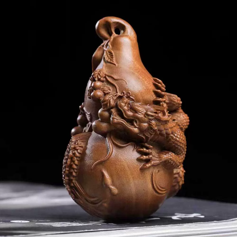 天然檀香木盘龙葫芦实木雕刻手把件生肖龙年创意摆件多福装饰挂件