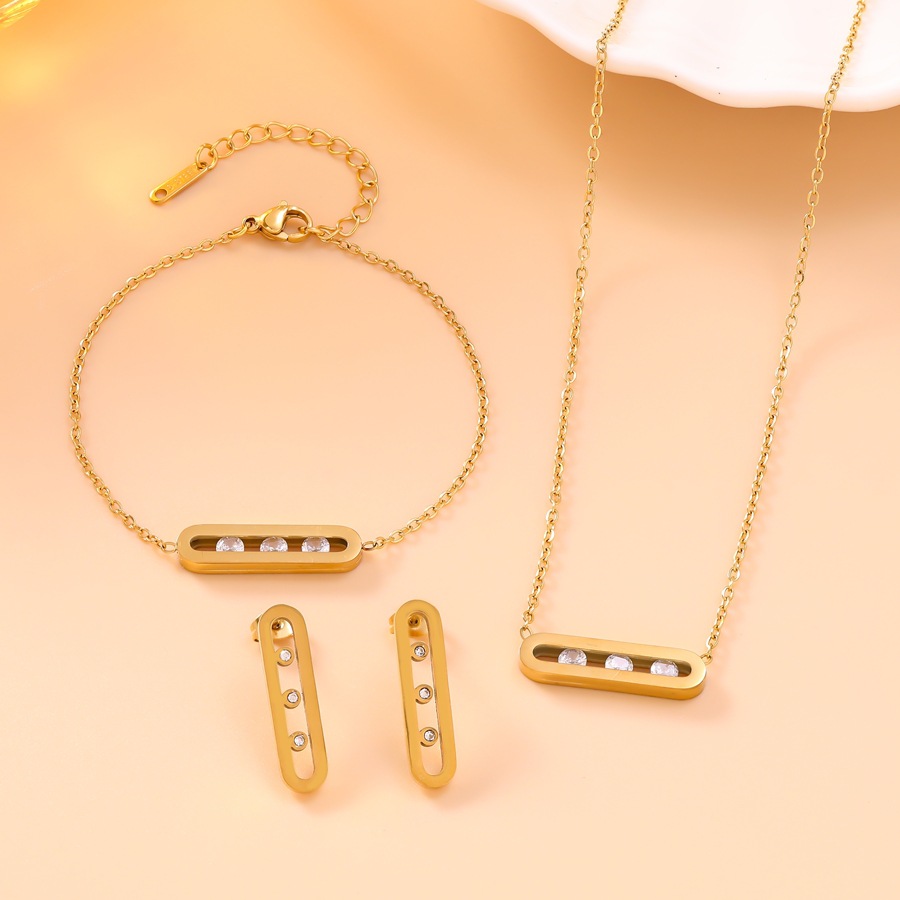 European and American Style Electroplated 18K Gold Stainless Steel Zircon Bracelet, Necklace, and Earring Set for Women, Personalized Jewelry Wholesale