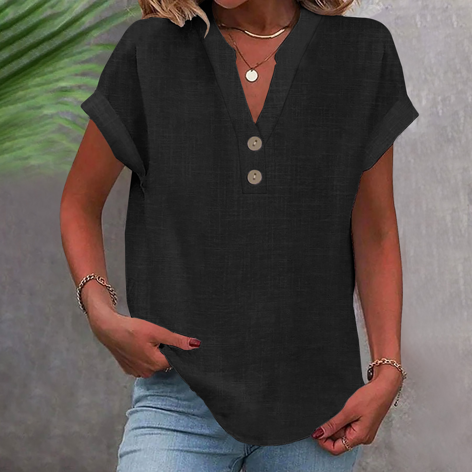 2025 European And American Summer Solid Color Stand Collar Button Short Sleeve Women's Shirt_ecoleips.com