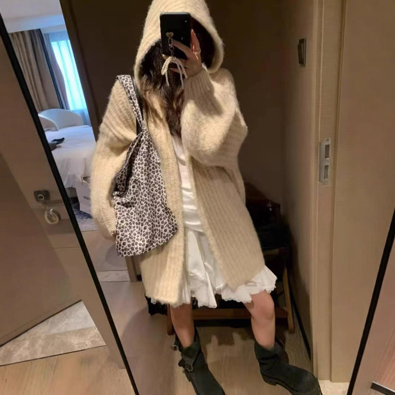 Soft and Cozy Hooded Sweater Coat for Women, New Autumn and Winter Style, Lazy Korean Style, Loose Mid-Length Knitted Alpaca Wool Cardigan