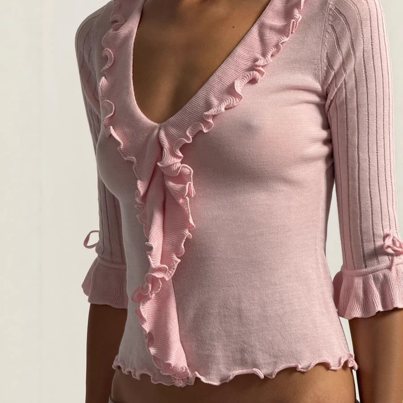 European and American Ins-Style Women's Clothing, Sexy V-Neck Knitted Cardigan with Buttons, Ruffled Trim, Slim-Fit, Flattering Pink T-Shirt Top