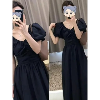 新款气质收腰显瘦过膝长裙子黑色泡泡袖V领连衣裙女装连衣裙夏季