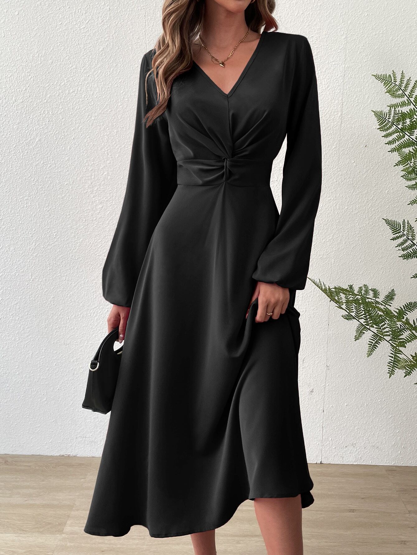 European And American Women' Spring Summer Fahion V-Neck Lantern Long Sleeve Twit Edge Elegant Mid-Length_ecoleips.com