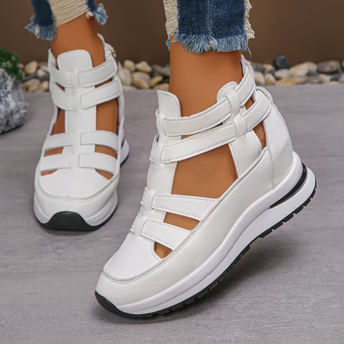 Summer New Foreign Trade Large Size Thick-Soled Hollow Sandals for Women, Cross-Border Round-Toe Side Zipper Thick-Soled Height-Increasing Sneakers
