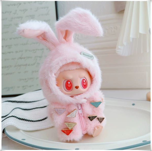 Rabbit house hat pink + fluffy jacket pink + corrugated color label combination