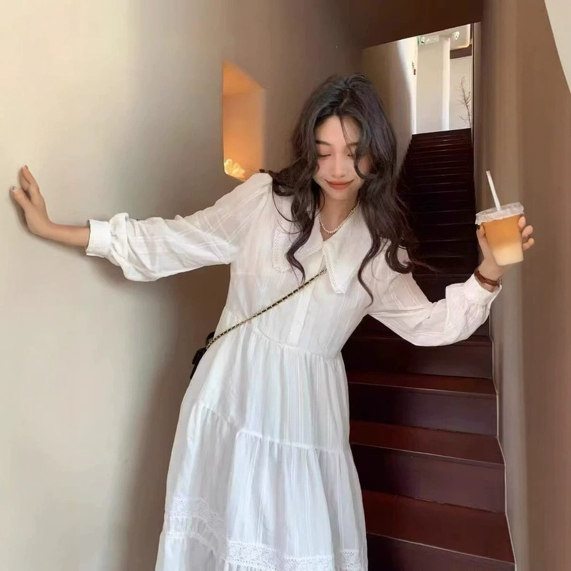 Spring New Korean Style Loose Doll Collar Dress for Female Students, College Style Mid-Length Long-Sleeved Over-The-Knee Dress Spring New Korean Style Loose Doll Collar Dress for Female Students, College Style Mid-Length Long-Sleeved Over-The-Knee Dress