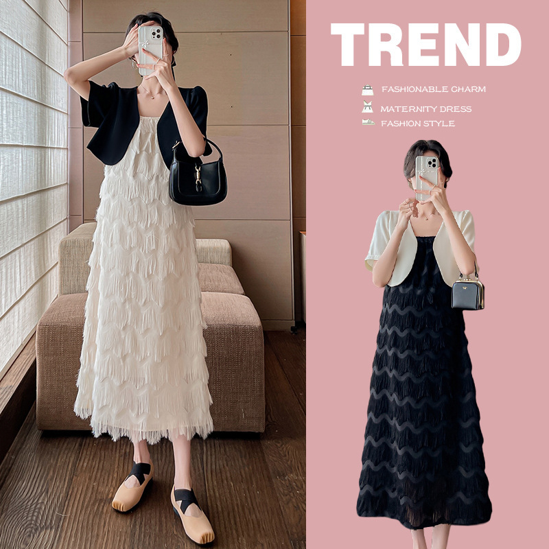 Pregnant Women's Professional Summer Dress New French Temperament Fashion Sense Tassel Cake Dress Jacket Dress Two-piece Set
