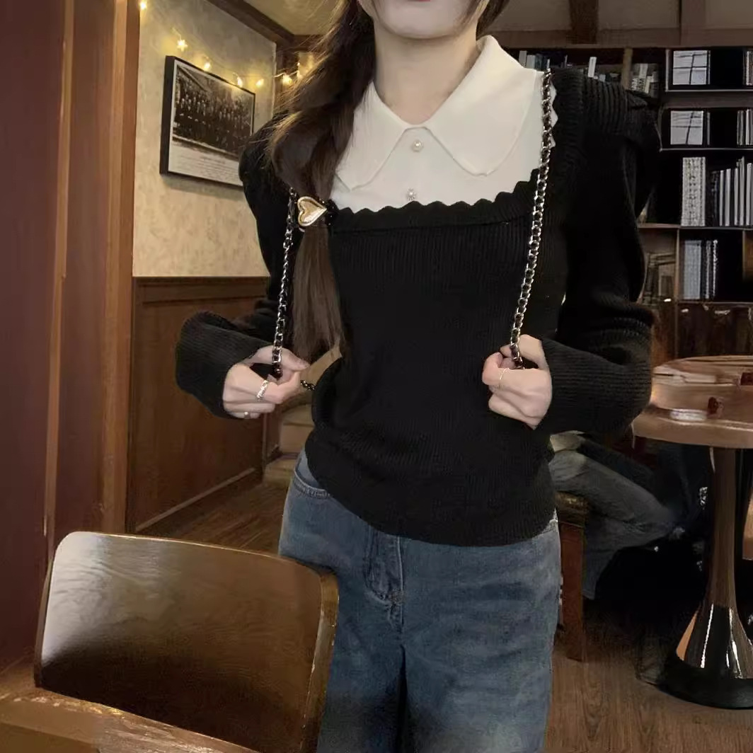 French style Chanel collar knitted bottoming shirt Women's inner wear autumn and winter fake two-piece puff sleeve top socialite sweater